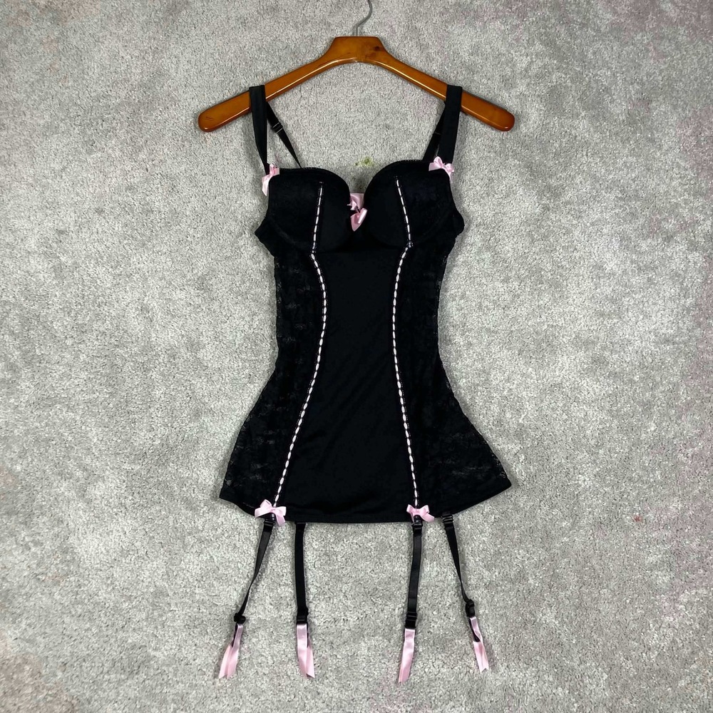 Lovehoney Lingerie Corset Chemise Womens Small Black Pink Lace Bow Garter Straps